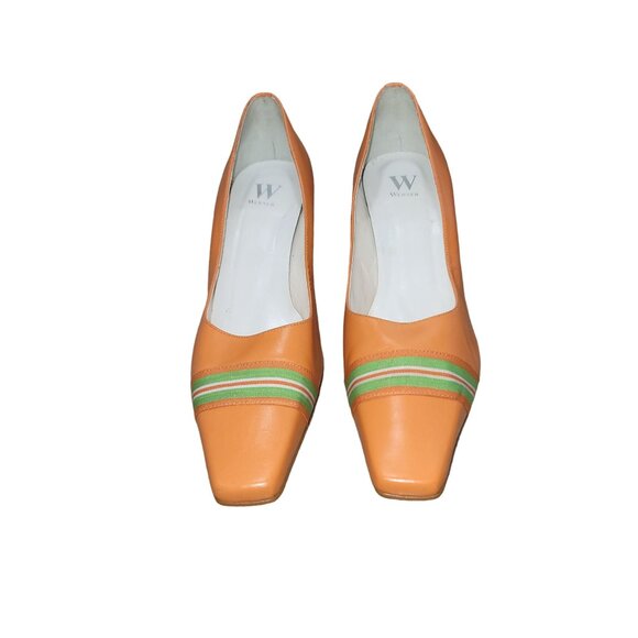 Werner Brazilian Orange Square Toe High Stilleto Leather Heels Pumps Size 8.5 M - Picture 2 of 8